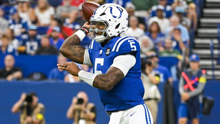 Aug 16, 2025; Indianapolis, Indiana, USA; Indianapolis Colts quarterback Anthony Richardson Sr. (5) throws a pass during the first half against the Green Bay Packers at Lucas Oil Stadium. Mandatory Credit: Robert Goddin-Imagn Images