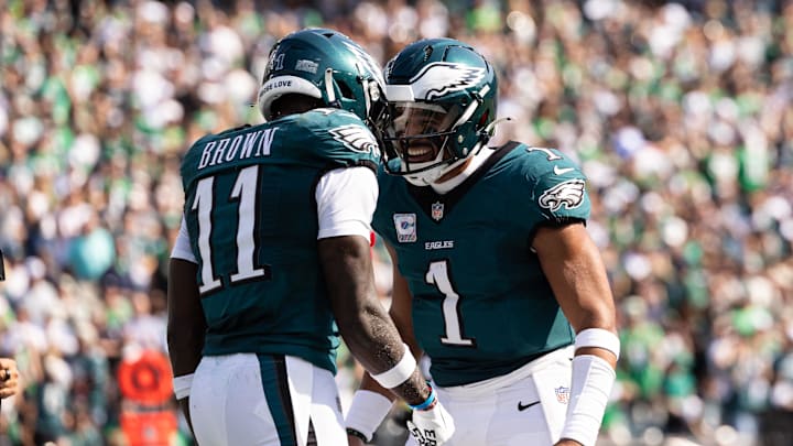 Philadelphia Eagles quarterback Jalen Hurts (1) and wide receiver A.J. Brown.