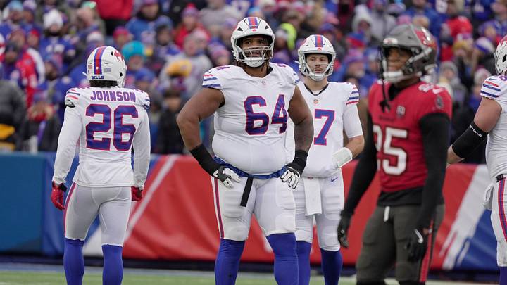 Buffalo Bills guard O'Cyrus Torrence gets ready to line up for the next play during second half action against the Tampa Bay Buccaneers on Nov 16, 2025 at Highmark Stadium in Orchard Park. Buffalo Bills guard O'Cyrus Torrence gets ready to line up for the next play during second half action against the Tampa Bay Buccaneers on Nov 16, 2025 at Highmark Stadium in Orchard Park.
