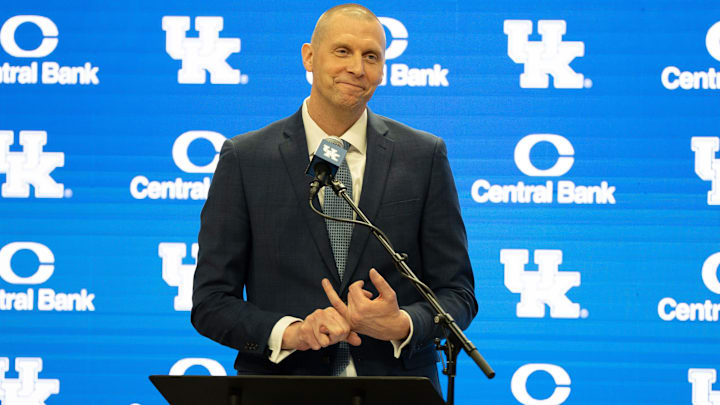 University of Kentucky’s new men’s basketball coach Mark Pope speaks about the future of Kentucky men’s basketball during his introductory press conference to thousands of fans in Rupp Arena on Sunday, April 14, 2024.