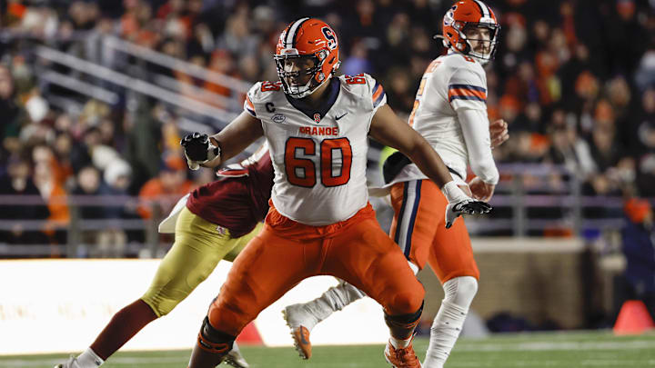 Nov 26, 2022; Chestnut Hill, Massachusetts, USA; Syracuse Orange offensive lineman Matthew Bergeron