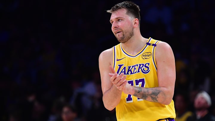 Los Angeles Lakers guard Luka Doncic (77) reacts during the second half in Game 5 of the first round of the 2025 NBA Playoffs at Crypto.com Arena.