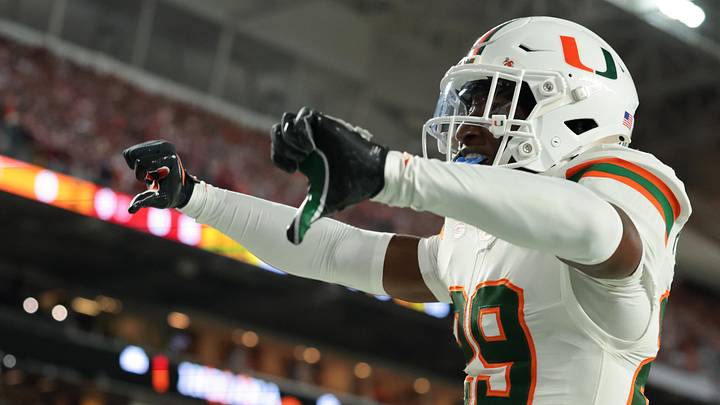Jan 19, 2026; Miami Gardens, FL, USA; Miami Hurricanes defensive back OJ Frederique Jr. (29) celebrates after breaking up a touchdown pass against the Indiana Hoosiers in the first quarter during the College Football Playoff National Championship game at Hard Rock Stadium. Mandatory Credit: Sam Navarro-Imagn Images