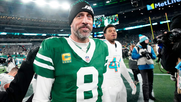 New York Jets quarterback Aaron Rodgers (8) is shown after he led Gang Green to a 32-20 victory against the Miami Dolphins, Sunday January 5, 2025, in East Rutherford. New York Jets quarterback Aaron Rodgers (8) is shown after he led Gang Green to a 32-20 victory against the Miami Dolphins, Sunday January 5, 2025, in East Rutherford.