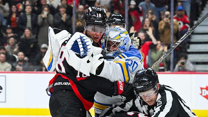 Dec 6, 2025; Ottawa, Ontario, CAN; St. Louis Blues goalie Joel Hofer (30) fights against Ottawa Senators center Tim Stutzle (18) during the third period at Canadian Tire Centre. Mandatory Credit: David Kirouac-Imagn Images Dec 6, 2025; Ottawa, Ontario, CAN; St. Louis Blues goalie Joel Hofer (30) fights against Ottawa Senators center Tim Stutzle (18) during the third period at Canadian Tire Centre. Mandatory Credit: David Kirouac-Imagn Images