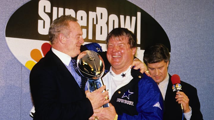 Dallas Cowboys owner Jerry Jones and head coach Jimmy Johnson with the Lombardi trophy after defeating the Buffalo Bills during Super Bowl XXVIII 
