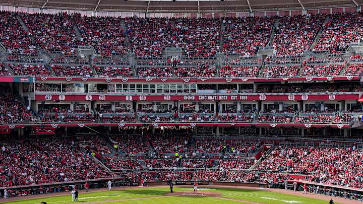 The attendance of 44, 030 fans filled Great American Ball Park on Opening Day Thursday, March 28, 2024. The attendance of 44, 030 fans filled Great American Ball Park on Opening Day Thursday, March 28, 2024.
