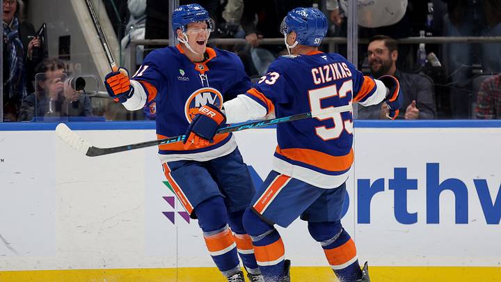 Oct 3, 2026; Elmont, New York, USA; New York Islanders left wing Ondrej Palat (81) celebrates his goal against the New Jersey Devils with center Casey Cizikas (53) during the third period at UBS Arena. Mandatory Credit: Brad Penner-Imagn Images