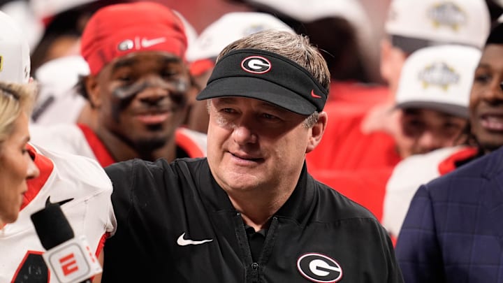 Georgia Bulldogs head coach Kirby Smart looks on after the game against the Alabama Crimson Tide during the 2025 SEC Championship game at Mercedes-Benz Stadium. Mandatory Credit: Dale Zanine-Imagn Images