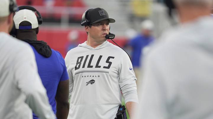 Buffalo Bills' first-year defensive coordinator Jim Leonhard (center) watches as his defense takes the field during first-half action of the Bills' preseason game against the Pittsburgh Steelers at the new Highmark Stadium on Aug. 27, 2026, in Orchard Park, New York. Buffalo Bills' first-year defensive coordinator Jim Leonhard (center) watches as his defense takes the field during first-half action of the Bills' preseason game against the Pittsburgh Steelers at the new Highmark Stadium on Aug. 27, 2026, in Orchard Park, New York.