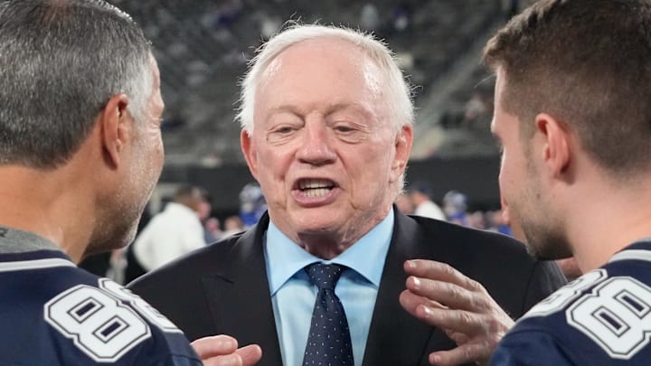 Sep 26, 2024; East Rutherford, New Jersey, USA;  Cowboys owner Jerry Jones pre game against the Giants at MetLife Stadium. Mandatory Credit: Robert Deutsch-Imagn Images