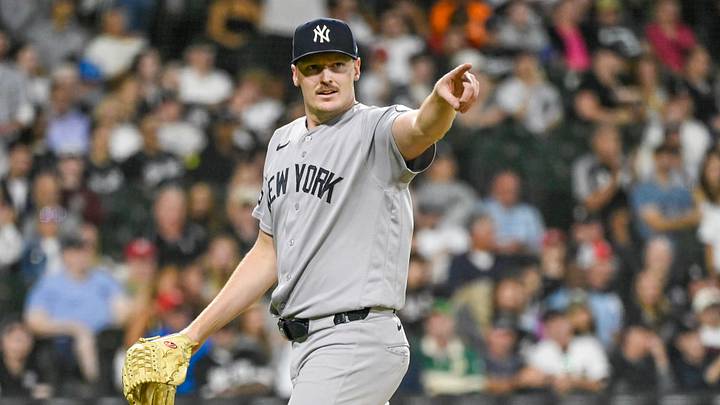 Jul 28, 2026; Chicago, Illinois, USA;  New York Yankees pitcher Brent Headrick (47) points at the end of the eighth inning against the Chicago White Sox at Rate Field. Mandatory Credit: Matt Marton-Imagn Images