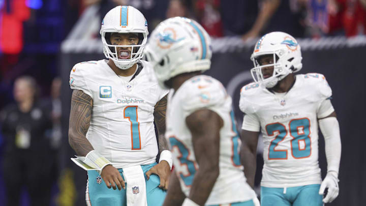 Miami Dolphins quarterback Tua Tagovailoa (1) reacts after a play during the fourth quarter against the Houston Texans at NRG Stadium.