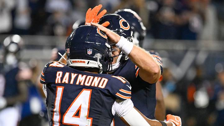 Sep 28, 2026; Chicago, Illinois, USA; Chicago Bears quarterback Case Keenum (11) celebrates with wide receiver Kalif Raymond (14) after he runs for a touchdown during the second half against the Philadelphia Eagles at Soldier Field. Mandatory Credit: Matt Marton-Imagn Images Sep 28, 2026; Chicago, Illinois, USA; Chicago Bears quarterback Case Keenum (11) celebrates with wide receiver Kalif Raymond (14) after he runs for a touchdown during the second half against the Philadelphia Eagles at Soldier Field. Mandatory Credit: Matt Marton-Imagn Images