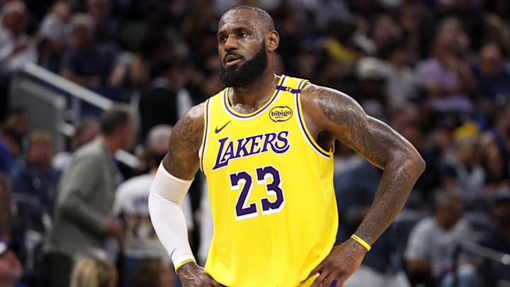 Los Angeles Lakers forward LeBron James (23) looks on against the Orlando Magic in the second quarter at Kia Center.