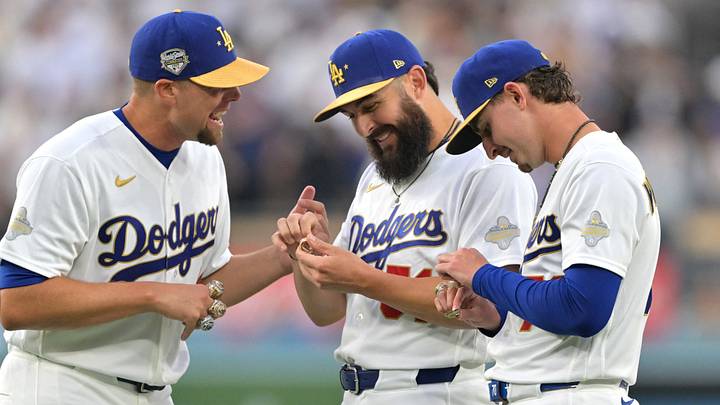 Mar 27, 2026; Los Angeles, California, USA; Los Angeles Dodgers pitcher Blake Treinen (49) and pitcher Alex Vesia (51) and pitcher Justin Wrobleski (70) during the World Series ring ceremony before the game against the Arizona Diamondbacks at Dodger Stadium. Mandatory Credit: Jayne Kamin-Oncea-Imagn Images Mar 27, 2026; Los Angeles, California, USA; Los Angeles Dodgers pitcher Blake Treinen (49) and pitcher Alex Vesia (51) and pitcher Justin Wrobleski (70) during the World Series ring ceremony before the game against the Arizona Diamondbacks at Dodger Stadium. Mandatory Credit: Jayne Kamin-Oncea-Imagn Images