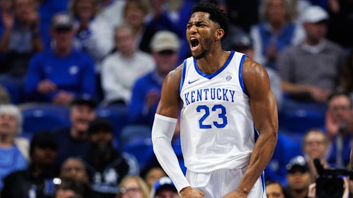 Nov 4, 2025; Lexington, Kentucky, USA; Kentucky Wildcats forward Mouhamed Dioubate (23) reacts after making a basket during the first half against the Nicholls Colonels at Rupp Arena at Central Bank Center. Mandatory Credit: Jordan Prather-Imagn Images