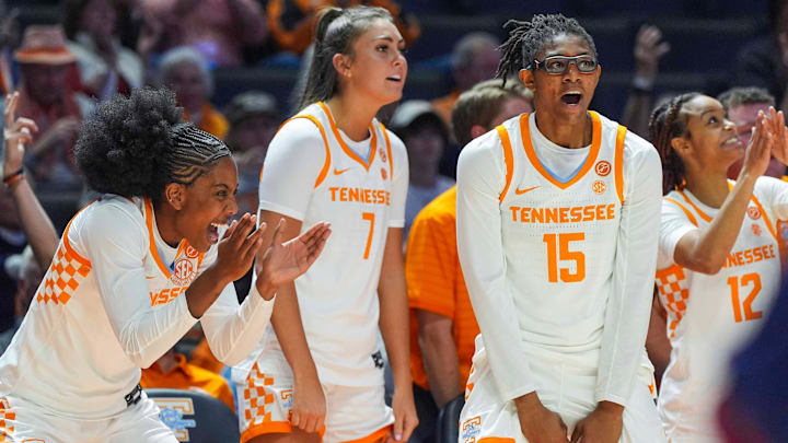 Tennessee guard Kaiya Wynn (5), Tennessee's Lauren Hurst (7) and Tennessee guard Jaida Civil (15) celebrate on the sidelines after Tennessee makes a three-point basket during a NCAA women's basketball between the Tennessee Lady Vols and Belmont Bruins at Thompson-Boling Arena at Food City Center in Knoxville, Tenn. on Nov. 13, 2025.