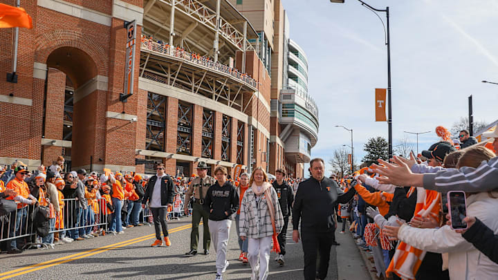 Nov 29, 2025; Knoxville, Tennessee, USA; Tennessee Volunteers head coach Josh Heupel greets fans during the Vol Walk  before a game against the Vanderbilt Commodores at Neyland Stadium. Mandatory Credit: Randy Sartin-Imagn Images