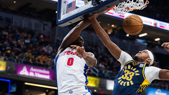 Feb 22, 2024; Indianapolis, Indiana, USA; Detroit Pistons center Jalen Duren (0) 
