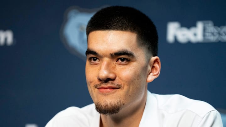 Memphis Grizzlies center Zach Edey during a press conference at FedExForum.