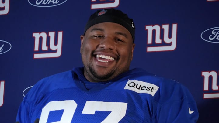Nov 8, 2024; Munich, Germany; New York Giants defensive tackle Dexter Lawrence II (97) during press conference at the FC Bayern Munchen training grounds at Sabener Strasse. Nov 8, 2024; Munich, Germany; New York Giants defensive tackle Dexter Lawrence II (97) during press conference at the FC Bayern Munchen training grounds at Sabener Strasse.