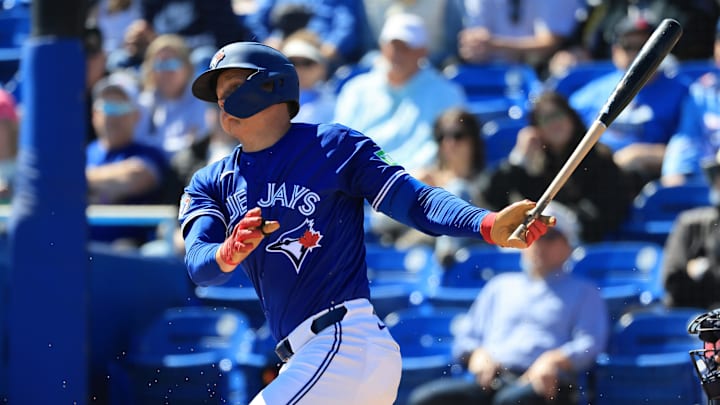 Feb 24, 2026; Dunedin, Florida, USA; Toronto Blue Jays infielder Josh Kasevich (86) singles during the second inning against the New York Yankees at TD Ballpark. Mandatory Credit: Kim Klement Neitzel-Imagn Images