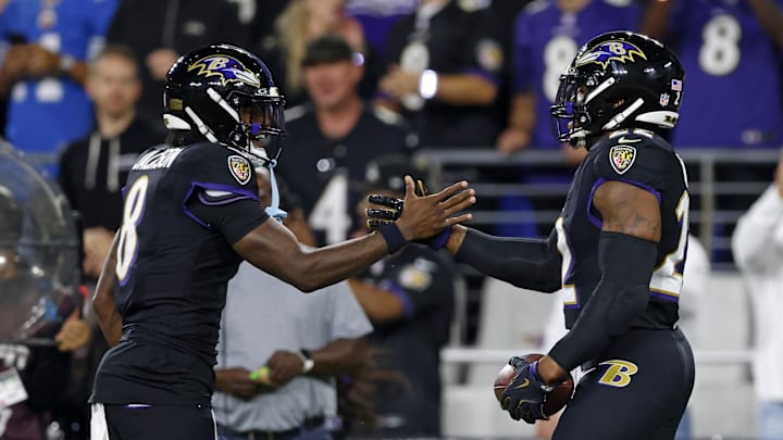 Sep 22, 2025; Baltimore, Maryland, USA; Baltimore Ravens running back Derrick Henry (22) and quarterback Lamar Jackson (8) react after a touchdown against the Detroit Lions during the first half at M&T Bank Stadium. Mandatory Credit: Peter Casey-Imagn Images Sep 22, 2025; Baltimore, Maryland, USA; Baltimore Ravens running back Derrick Henry (22) and quarterback Lamar Jackson (8) react after a touchdown against the Detroit Lions during the first half at M&T Bank Stadium. Mandatory Credit: Peter Casey-Imagn Images