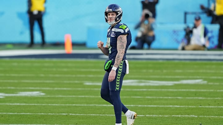 Feb 8, 2026; Santa Clara, CA, USA; Seattle Seahawks punter Michael Dickson (4) reacts after a play during the second quarter against the New England Patriots in Super Bowl LX at Levi's Stadium. Mandatory Credit: Darren Yamashita-Imagn Images