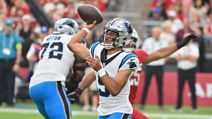 Sep 14, 2025; Glendale, Arizona, USA;  Carolina Panthers quarterback Bryce Young (9) throws a pass during the fourth quarter against the Arizona Cardinals at State Farm Stadium. Mandatory Credit: Matt Kartozian-Imagn Images