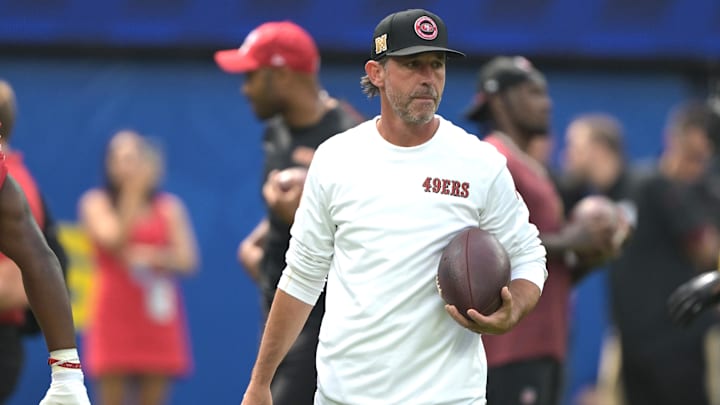 Sep 22, 2024; Inglewood, California, USA;  San Francisco 49ers head coach Kyle Shanahan looks on as players warm up prior to the game against the Los Angeles Rams at SoFi Stadium.