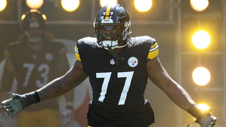 Sep 14, 2025; Pittsburgh, Pennsylvania, USA;  Pittsburgh Steelers offensive tackle Broderick Jones (77) reacts as he takes the field against the Seattle Seahawks at Acrisure Stadium. Mandatory Credit: Charles LeClaire-Imagn Images
