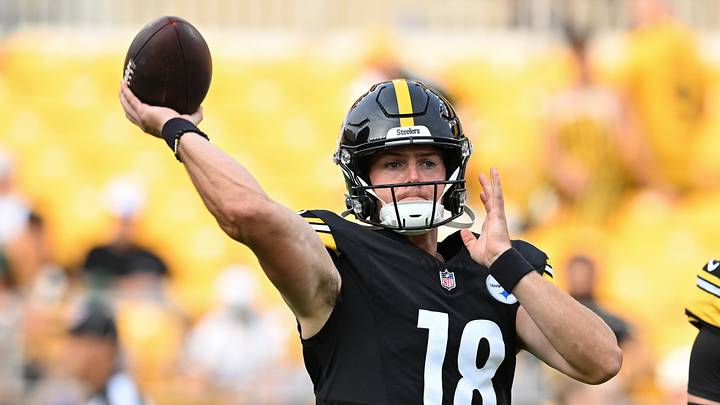Aug 13, 2026; Pittsburgh, Pennsylvania, USA; Pittsburgh Steelers quarterback Will Howard (18) warms up for a pre-season game against the Green Bay Packers at Acrisure Stadium. Mandatory Credit: Barry Reeger-Imagn Images