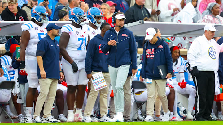 Oct 25, 2025; Norman, Oklahoma, USA;  Ole Miss Rebels head coach Lane Kiffin during the game against the Oklahoma Sooners at Gaylord Family-Oklahoma Memorial Stadium. Mandatory Credit: Kevin Jairaj-Imagn Images