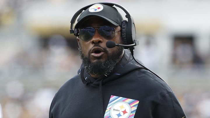 Oct 8, 2023; Pittsburgh, Pennsylvania, USA; Pittsburgh Steelers head coach Mike Tomlin reacts on the
