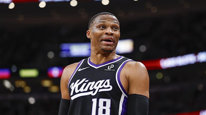 Oct 29, 2025; Chicago, Illinois, USA; Sacramento Kings forward Russell Westbrook reacts during the first half of an NBA game against the Chicago Bulls at United Center. Mandatory Credit: Kamil Krzaczynski-Imagn Images