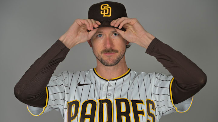 Feb 18, 2026; Peoria, AZ, USA;   San Diego Padres starting pitcher Griffin Canning (17) during spring training photo day. Mandatory Credit: Jayne Kamin-Oncea-Imagn Images