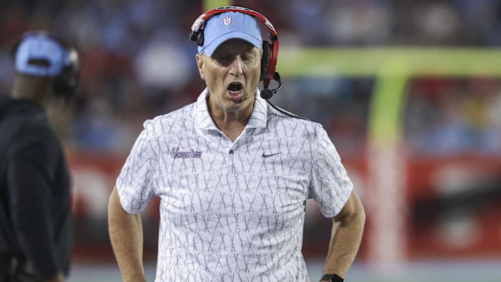 Nov 23, 2024; Houston, Texas, USA; Houston Cougars head coach Willie Fritz reacts after a Baylor Bears touchdown during the first quarter at TDECU Stadium.