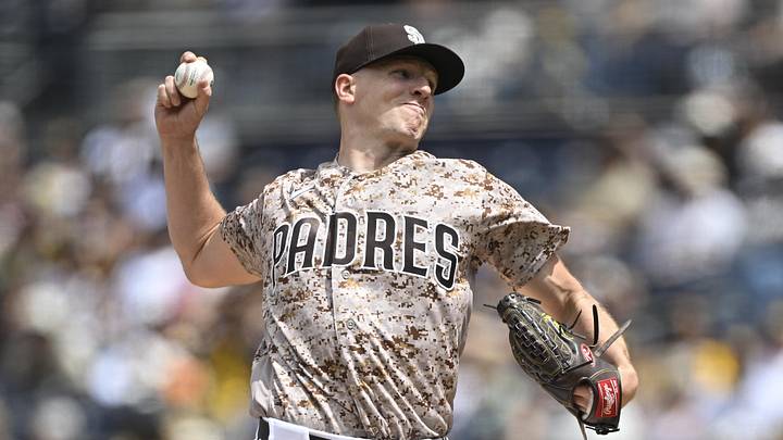 Apr 12, 2026; San Diego, California, USA; San Diego Padres starting pitcher Nick Pivetta (27) delivers during the first inning against the Colorado Rockies at Petco Park. Mandatory Credit: Denis Poroy-Imagn Images