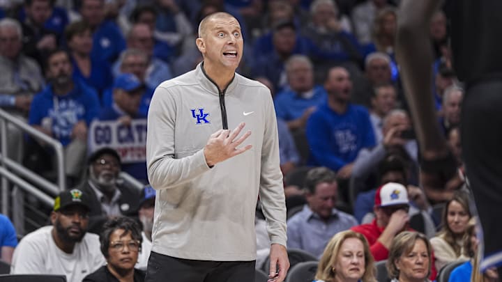 Nov 12, 2024; Atlanta, Georgia, USA; Kentucky Wildcats head coach Mark Pope reacts on the sideline against the Duke Blue Devils during the second half at State Farm Arena. Mandatory Credit: Dale Zanine-Imagn Images