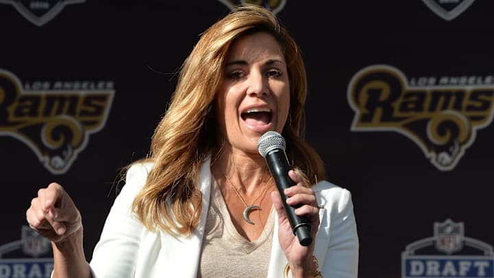 Apr 28, 2016; Los Angeles, CA, USA; Kara Henderson Snead emcees the Los Angeles Rams 2016 NFL Draft Party at L.A. Live. She is the wife of Rams general manager Les Snead (not pictured). Mandatory Credit: Kirby Lee-Imagn Images