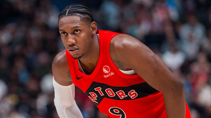Oct 6, 2025; Vancouver, British Columbia, CAN; Toronto Raptors guard RJ Barrett (9) during a stop in play against the Denver Nuggets in the first half at Rogers Arena. Mandatory Credit: Bob Frid-Imagn Images Oct 6, 2025; Vancouver, British Columbia, CAN; Toronto Raptors guard RJ Barrett (9) during a stop in play against the Denver Nuggets in the first half at Rogers Arena. Mandatory Credit: Bob Frid-Imagn Images