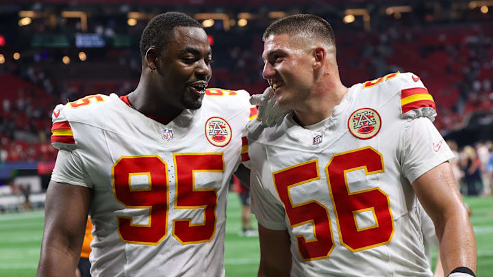 Sep 22, 2024; Atlanta, Georgia, USA; Kansas City Chiefs defensive tackle Chris Jones (95) and defensive end George Karlaftis (56) talk after a victory over the Atlanta Falcons at Mercedes-Benz Stadium. Mandatory Credit: Brett Davis-Imagn Images Sep 22, 2024; Atlanta, Georgia, USA; Kansas City Chiefs defensive tackle Chris Jones (95) and defensive end George Karlaftis (56) talk after a victory over the Atlanta Falcons at Mercedes-Benz Stadium. Mandatory Credit: Brett Davis-Imagn Images