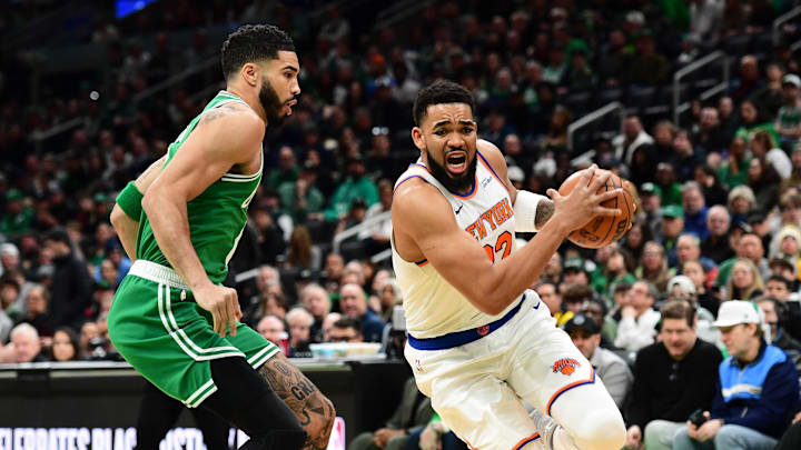 Feb 23, 2025; Boston, Massachusetts, USA; New York Knicks center Karl-Anthony Towns (32) controls the ball while Boston Celtics forward Jayson Tatum (0) defends during the first half at TD Garden. Mandatory Credit: Bob DeChiara-Imagn Images Feb 23, 2025; Boston, Massachusetts, USA; New York Knicks center Karl-Anthony Towns (32) controls the ball while Boston Celtics forward Jayson Tatum (0) defends during the first half at TD Garden. Mandatory Credit: Bob DeChiara-Imagn Images