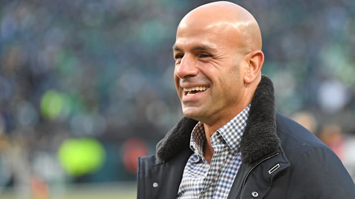 Jan 12, 2025; Philadelphia, Pennsylvania, USA; Former Green Bay Packers offensive consultant Robert Saleh on the sidelines during warmups against the Philadelphia Eagles in an NFC wild card game at Lincoln Financial Field.