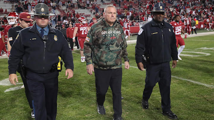 Nov 23, 2024; Fayetteville, Arkansas, USA; Arkansas Razorbacks head coach Sam Pittman after a game against the Louisiana Tech Bulldogs at Donald W. Reynolds Razorback Stadium. Arkansas won 35-14. Mandatory Credit: Nelson Chenault-Imagn Images
