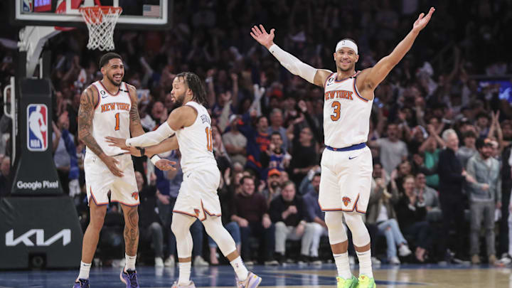 Apr 23, 2023; New York, New York, USA; New York Knicks forward Obi Toppin (1), and guards Jalen Brunson (11) and  Josh Hart (3) celebrates during game four of the 2023 NBA playoffs against the Cleveland Cavaliers at Madison Square Garden. Mandatory Credit: Wendell Cruz-Imagn Images