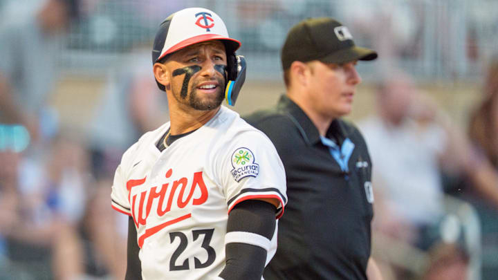 Aug 9, 2025; Minneapolis, Minnesota, USA; Minnesota Twins third base Royce Lewis (23) exits the field after striking out against Kansas City Royals pitcher Hunter Harvey (not pictured) in the seventh inning at Target Field. Mandatory Credit: Matt Blewett-Imagn Images