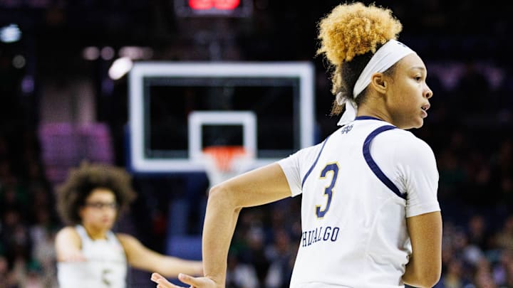 Notre Dame guard Hannah Hidalgo (3) celebrates making a shot during a NCAA women's basketball game between Notre Dame and SMU at Purcell Pavilion on Sunday, Jan. 19, 2025, in South Bend.