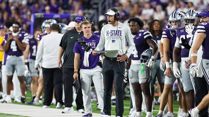Sep 5, 2026; Manhattan, Kansas, USA;  Kansas State Wildcats head coach Collin Klein looks on during the third quarter against the Nicholls State Colonels] at Bill Snyder Family Football Stadium.  Mandatory Credit: Scott Sewell-Imagn Images